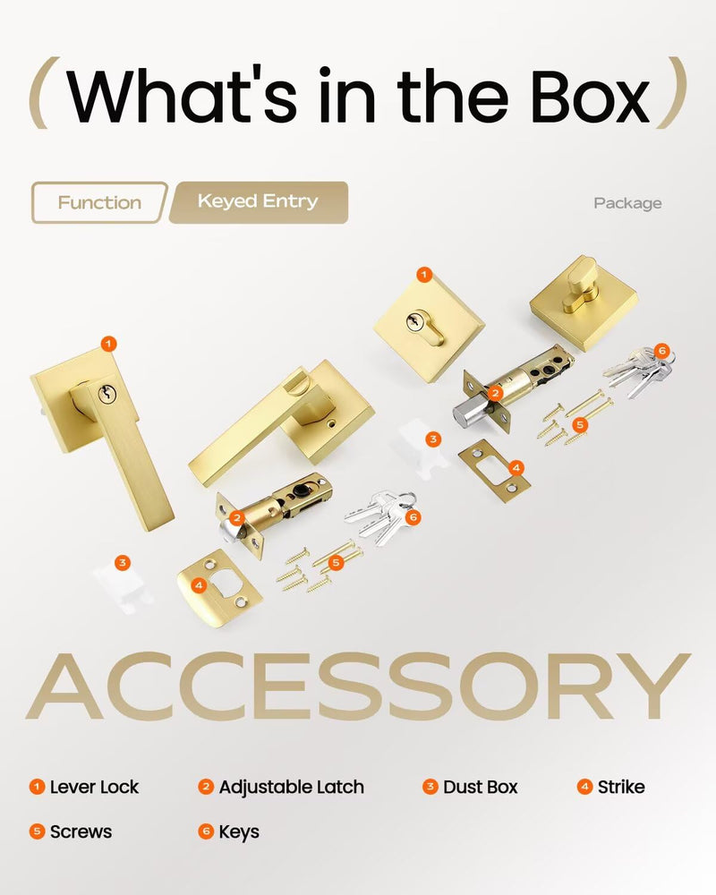Leydebong 1 Pack Gold Entry Door Locksets with Single Cylinder Deadbolt, Front Door Lock Set, Heavy Duty Entrance Lever Door Handle Single Keyed Square Deadbolt Lock Single Cylinder Deadbolt Lockset - Keyed Alike Satin Brass