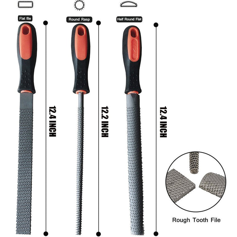8" Wood Rasp File Set with Rubber Grip - Includes Hand Cut Round, Half-Round, and Flat Rasp File Kit - Curved and Flat Tools(3 Pcs) The Color of Packing Bag is Random 8 inch Wood rasp