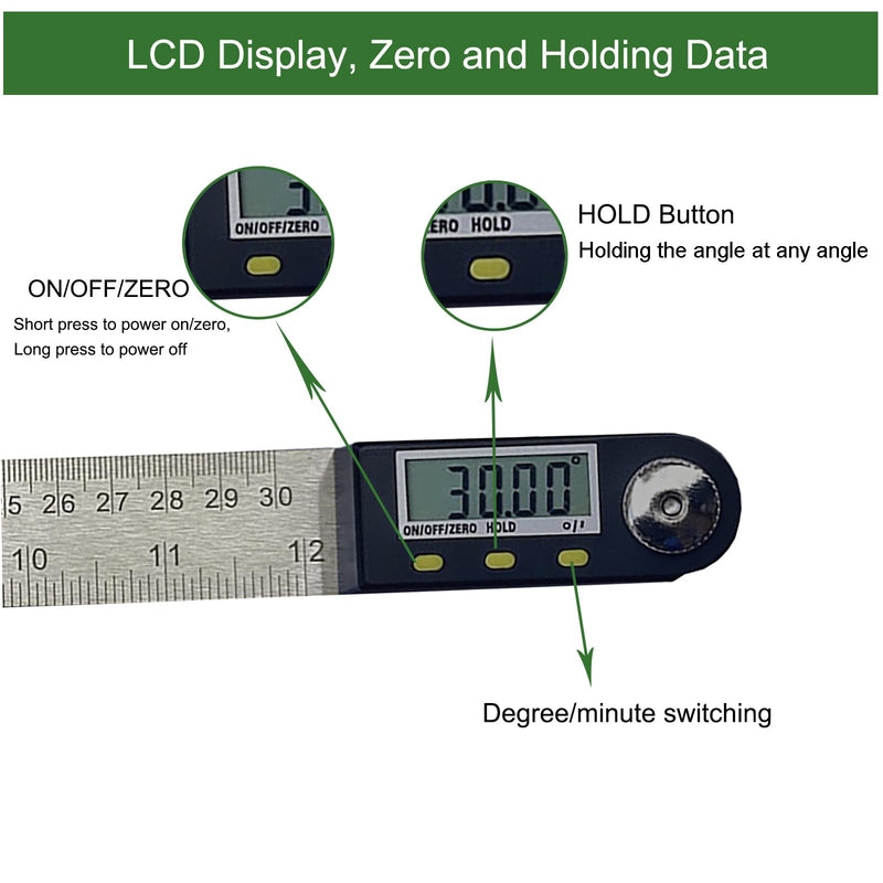 12 Inch Digital Angle Finder, JYEASTZ Stainless Steel Digital Protractor Angle Ruler with Holding Angle Data, Ideal for Construction Woodworking (12inch) 12inch