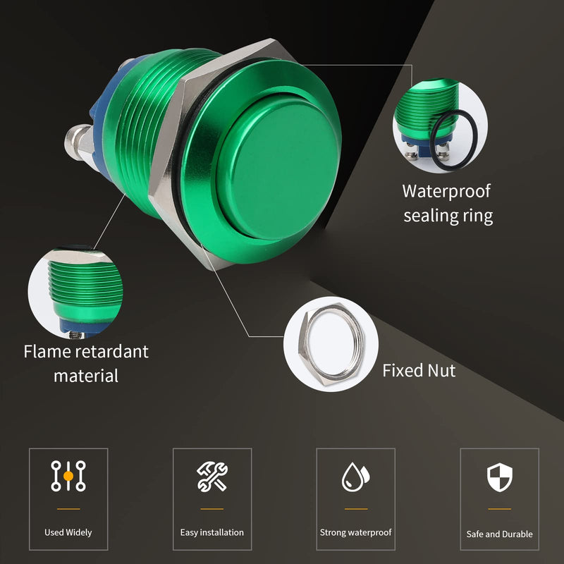 STARELO 19MM 3/4" Momentary Push Button Switch High Round 250V AC 5A 12V 36V DC 2A 1NO SPST Waterproof Aluminum Shell(Green). Green