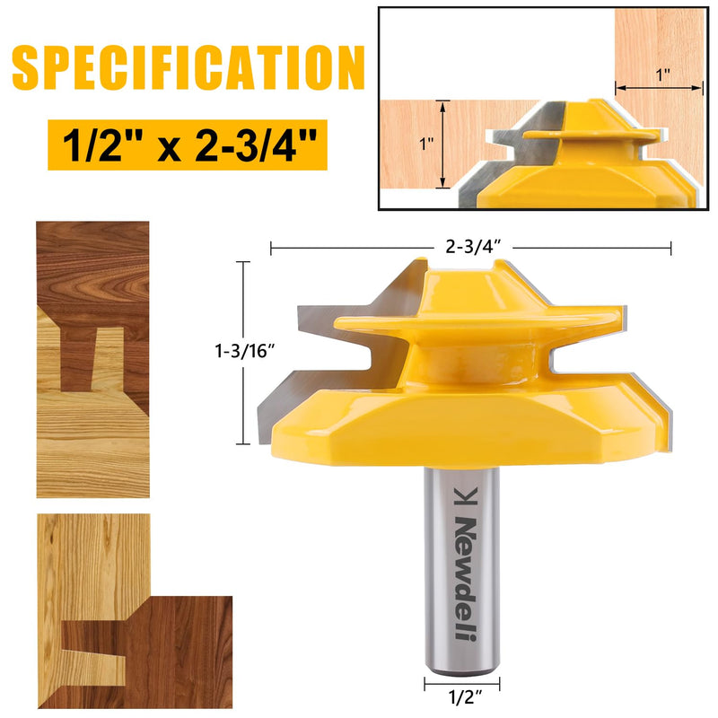Newdeli 3PCS 45 Degree Lock Miter Router Bit Set 1/2 Inch Shank for 1/2”, 3/4", 1" Cutting Height Joint Router Bits for Creating Lock Miter Joint 1/2shank * 3PCS
