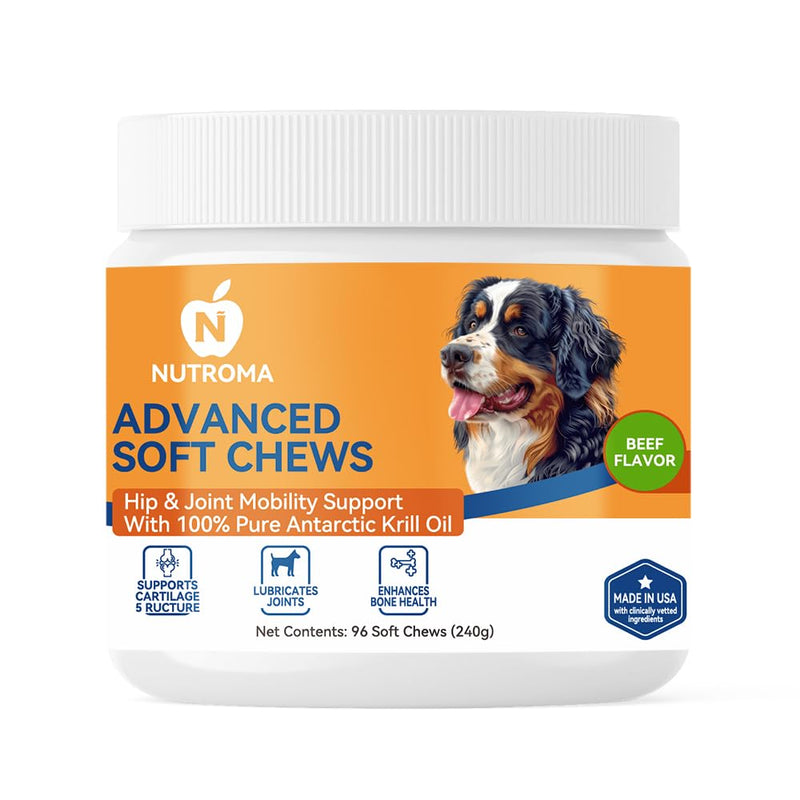 Advanced Soft Chews for Dogs – Hip & Joint Mobility Support with Antarctic Krill Oil, Eggshell Membrane & Hyaluronic Acid – 96 Chews (Beef) Beef