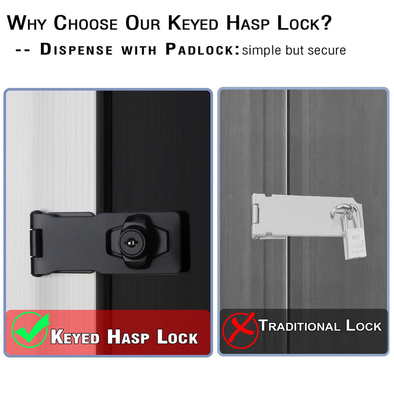 2 Packs Keyed Hasp Locks,V·RESOURCING Twist Knob Keyed Locking Hasp for Small Doors, Drawer, Cabinets and More, Hasp Lock Catch Latch Safety Lock Door Lock with Keys (3 Inch,Black) 3 inch & Keyed Lock