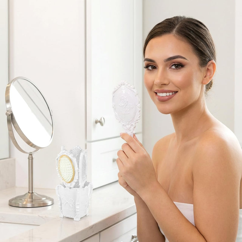 Vanity Set Comb Brush Mirror: Hand Mirror Comb Set Brush, with Storage Holder for Women Girl Creative （White）