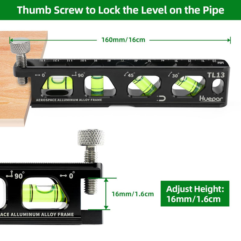 Huepar Torpedo Level, Magnetic Conduit Level with 4 Vials, 6.2 inch Aluminum Alloy Construction Spirit Level with V-Groove and Magnet Track, High Precision Bubble Level, Double Scale, Thumb Screw-TL13