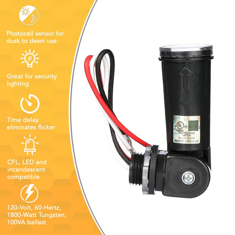 Woods 59413 59413WD Outdoor Conduit Lighting Control With Photocell and Swivel Mount (Hardwired, Black), 1 Count (Pack of 1) 1 Count (Pack of 1) Swivel-Mount Light Control