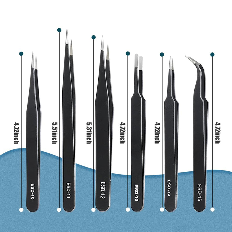 6 Pcs Precision Tweezers Set, Premium Anti-Static Stainless Steel Tweezer, ESD Curved of Tweezers for Electronics, Craft, Laboratory Work, Jewelry-Making, etc