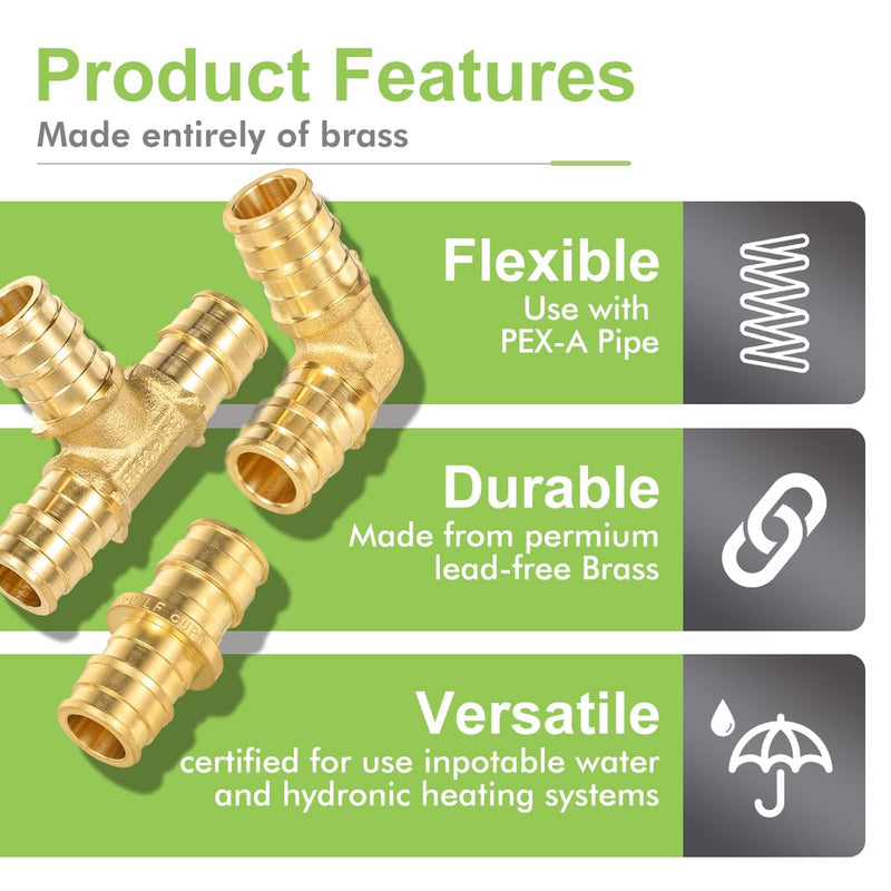 15 Pack 1/2" Pex-A Expansion Fittings Set, 5 Each Elbow Tee Coupling Heavy Duty Brass PEX-A Fittings for For Pipe-A pipe connection, NSF/ANSI 61 NSF 372 Certificate, ASTM F1960 Certified 1/2" Pex-A Coupling,Elbow,Tee (Each 5 Piece)