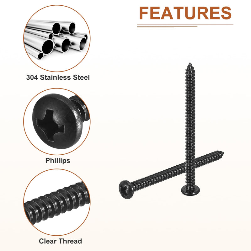 #6x2" Phillips Pan Head Self-Tapping Screw - 100Pack - Black Oxide 304 Stainless Steel Sheet Metal Screws Wood Screws #6x2" - NewNest Australia