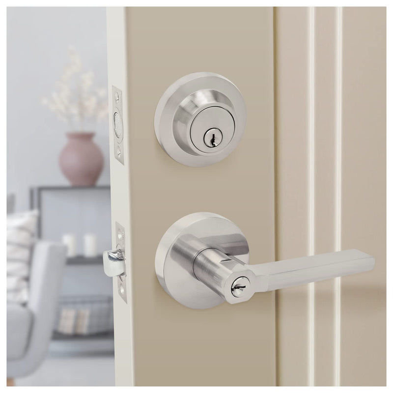 Nuk3y Thor Series Lever Door Handle Slim Round Modern Contemporary Lever Set (Entry & Deadbolt Combo [Keyed Alike], Satin Nickel) Entry & Deadbolt Combo [Keyed Alike]