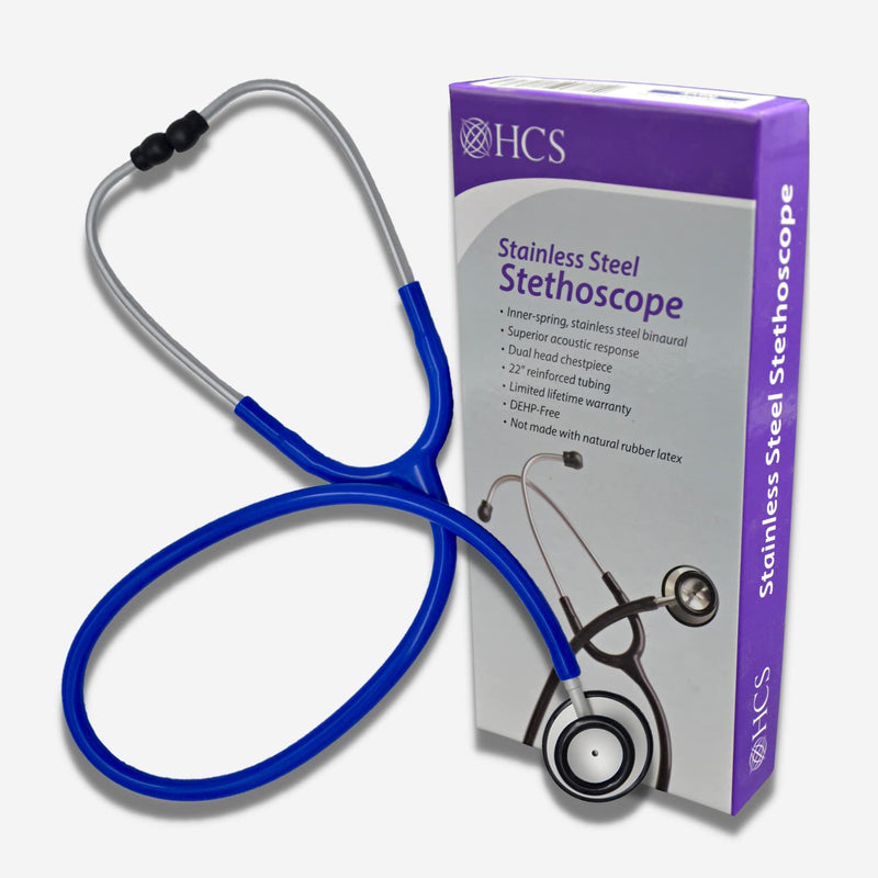 HCS Blue Stethoscope, Premium Stainless Steel - Medical, Dual Head Stethoscopes for Nurses, Doctors, Veterinary, Nursing School, Work, Home - 22 inch Tubing