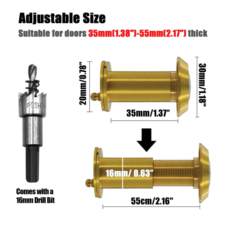 Door Viewer with 16mm Drill Bit, Solid Brass Peephole 200-degree View, Peep Holes with Heavy Duty Privacy Cover for 1-3/8" to 2-1/6" Doors for Home Office Hotel, Gold