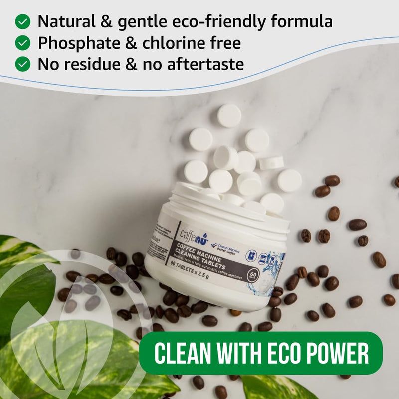 Caffenu Espresso Coffee Machine Cleaning Tablets 60 count use every 100 cups. Auto, Superautomatic & Bean to Cup. Use with Descaling