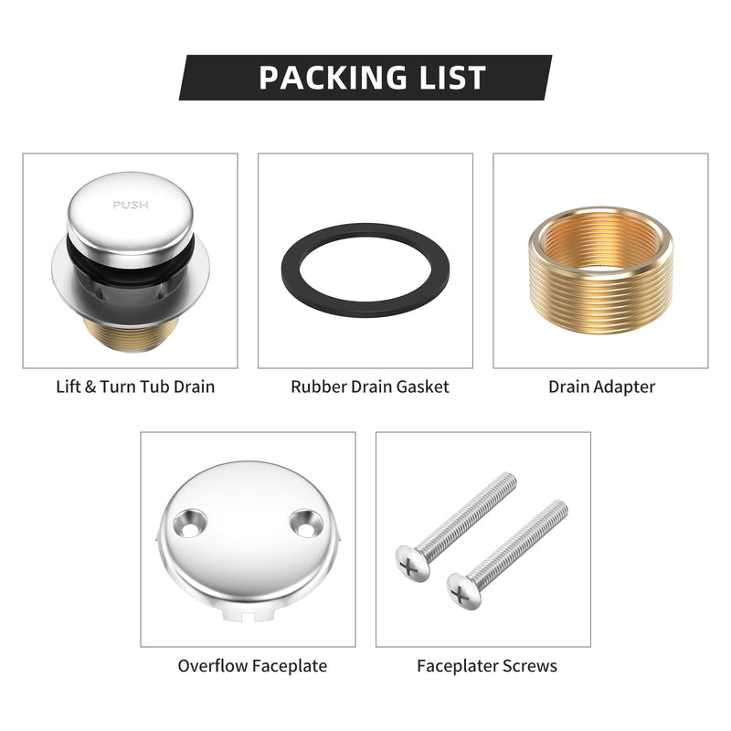 All Metal Tip-Toe Bathtub Drain Kit with Two-Hole Overflow Faceplate and Universal Fine/Coarse Thread Assembly, Bath Tub Drain Kit fits All Bathtub -Chrome Plated Chrome Plated