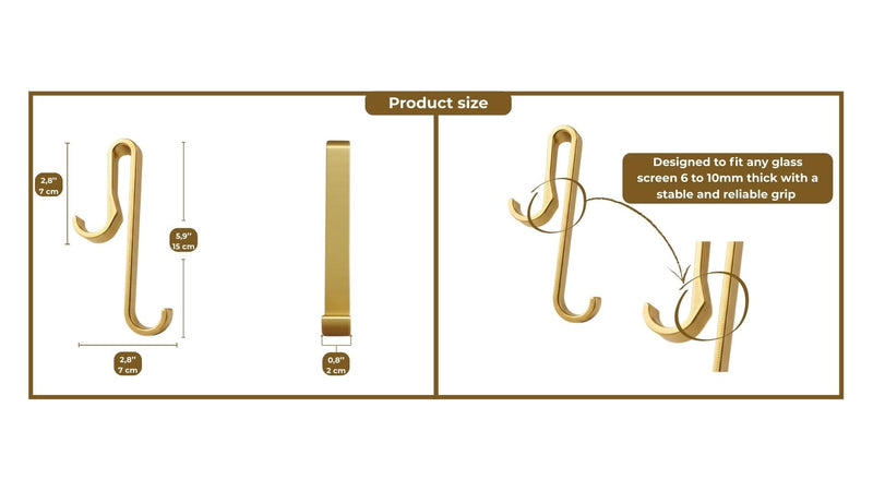 Universal Shower Hooks for Glass (6–10mm) - Extended 6” Hanging Hooks for Frameless Shower Doors, Frameless & Framed Shower Walls - Double Sided Hooks for Towels, Robes and Bathroom Accessories (Gold) Gold