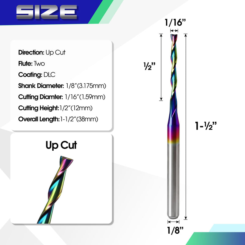10Pcs CNC Router Bits with DLC Coating 1/8" Shank Upcut CNC Bit End Mill Solid Carbide Endmill Two Flute Spiral Milling Cutter for Wood PVC Engraving (1/16" x1/8" x1/2" x1-1/2) 1/16"x1/8"x1/2"x1-1/2"