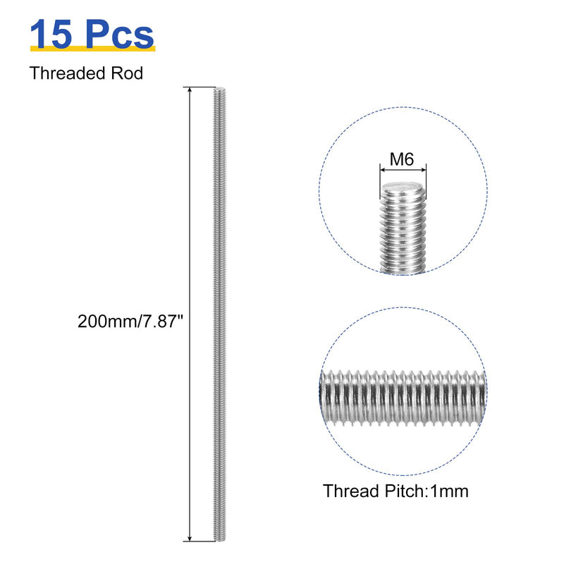 uxcell 15Pcs M6 x 200mm Fully Threaded Rod 304 Stainless Steel Right Hand Threads Bar Studs for Anchors Bolts, Clamps, Hangers and U-Bolts, 1 Thread Pitch 15