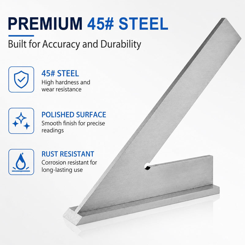 tooloflife Precision 45 Degree Machinist Square Engineer Square Angle Measuring Tool Hardened Steel with Seat 6 x 4 Inch DIN 875/2 Accuracy for Machinist, Woodworker, Engineer, Framing Precision
