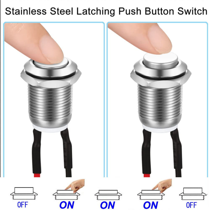 3 Pcs 12mm Prewired High Head Waterproof Push Button Latching 2A 12V/24V/125V/250V AC Self-Locking Stainless Steel Push Button On Off SS-Latching