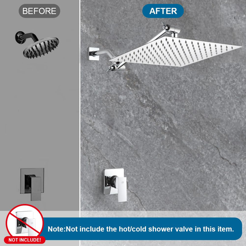 POP SANITARYWARE 12 Inch Shower Head with Adjustable Extension Arm, Stainless Steel Rainfall Showerhead with Shower Arm Extender, Waterfall fixed Showerheads, Chrome Square