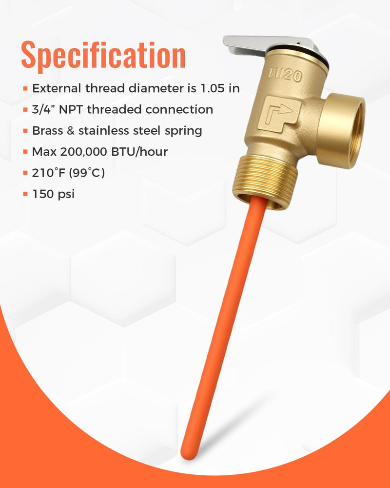 3/4" Temperature and Pressure Relief Valve with Extended Probe, 150 PSI 210°F Safety Valve, Pressure Relief Valve Fit for Suburban RV Water Heater or Home Heater Thickened Brass Body 3/4" NPT Connection