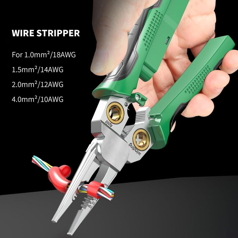 GADO 8in1 Wire Stripper Twister for Cutting and Pulling Wires, Cable Scissors,Voltage Tester Pliers, 12V to 250V Live,Null,Hot Wire Judgment AC DC, Audible and Flashing LED Alarms Green