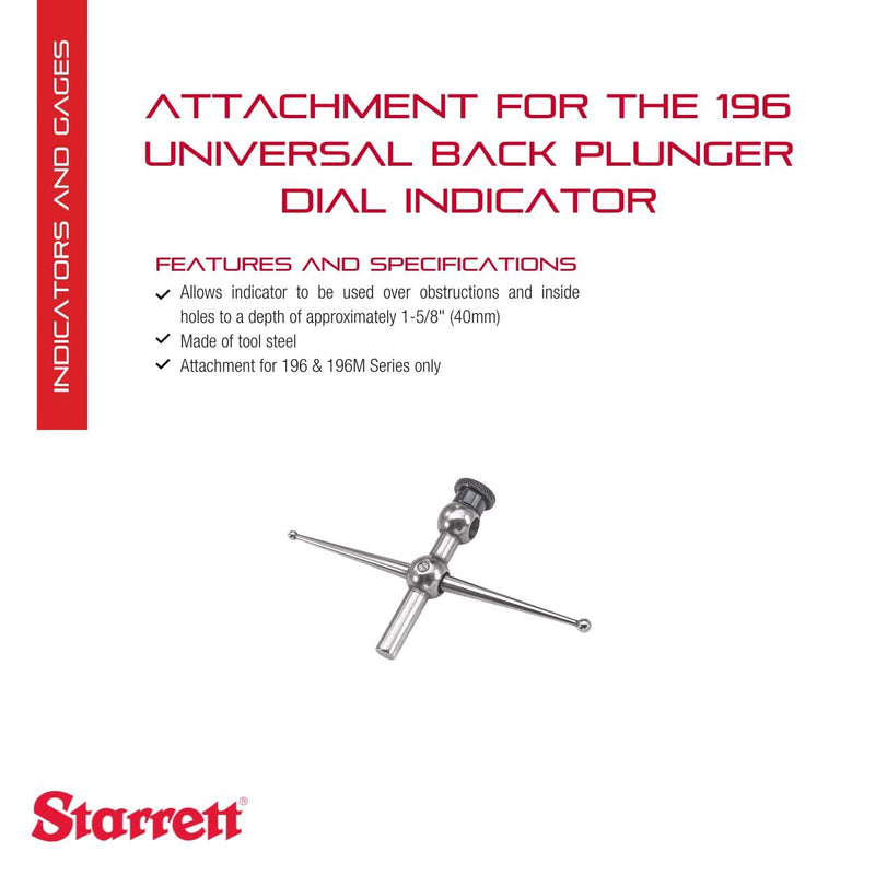 Starrett Universal Dial Test Indicator Attachment with Back Plunger for 196 and 196M Series Only to be Used Over Obstructions - Made of Tool Steel - 196F