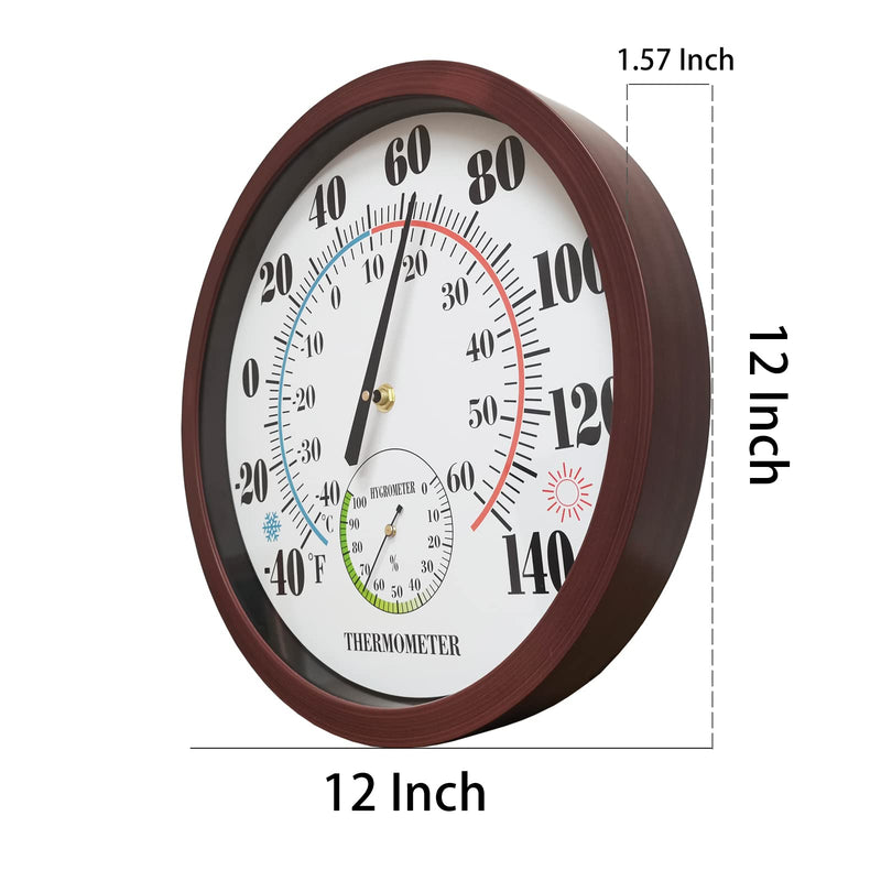 Indoor Outdoor Thermometer Large Numbers 12 Inch Wall Weather Thermometer Hanging Garden Decor Hygrometer No Battery Needed (Brown) Brown 12“