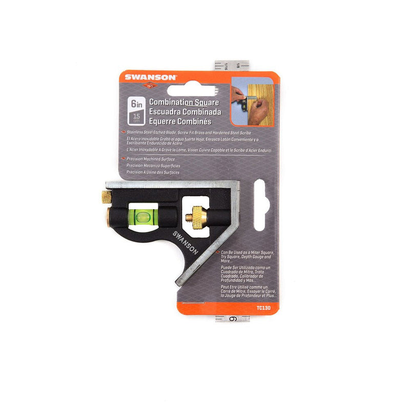 Swanson Tool Co TC130 6 inch Combo Square with Stainless Steel Rule, Cast Zinc Body with Bubble Vial, and Brass Bolt