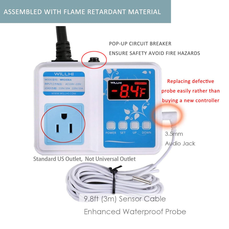 WH1436A 10A Temperature Controller 110V Digital Thermostat Switch Sous Vide Controller NTC 10K Sensor Improved Version