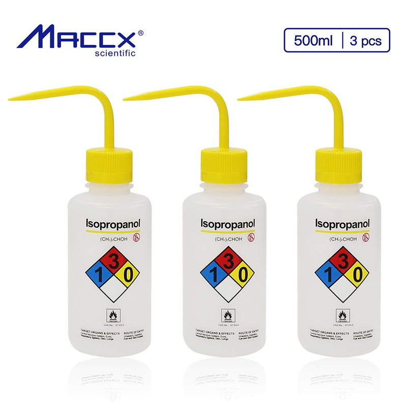 Isopropanol Narrow Mouth Wash Bottles, 3pcs of Vol.500ml, LDPE Material, WBI500-003 Isopropanol Lable, 3pcs of 500ml