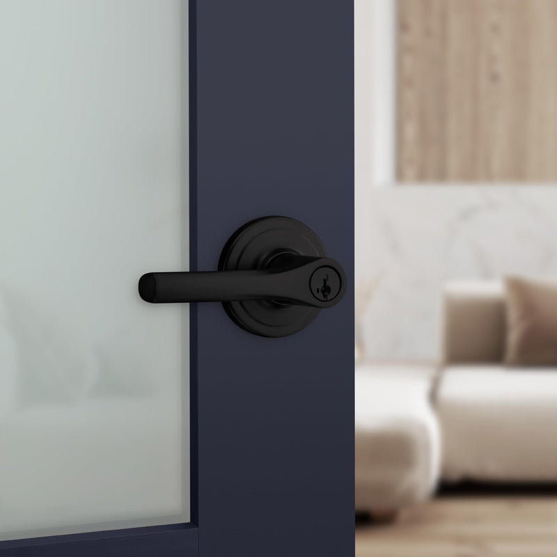 Kwikset Henley Interior Privacy Door Handle with Lock, Door Lever For Bathroom and Bedroom, Matte Black Reversible Keyless Turn Lock, with Microban Protection