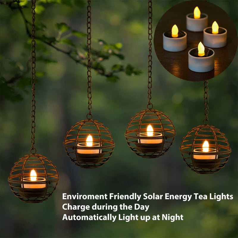 Solar Hanging Lanterns Outdoor Waterproof, Rust Iron Ball Candle Holder with Flickering Solar Powered Tea Lights, Perfect Chargeable Solar Lights for Backyard Patio Garden Fence Tree Decoration-4Pack 4PK Hanging Lights