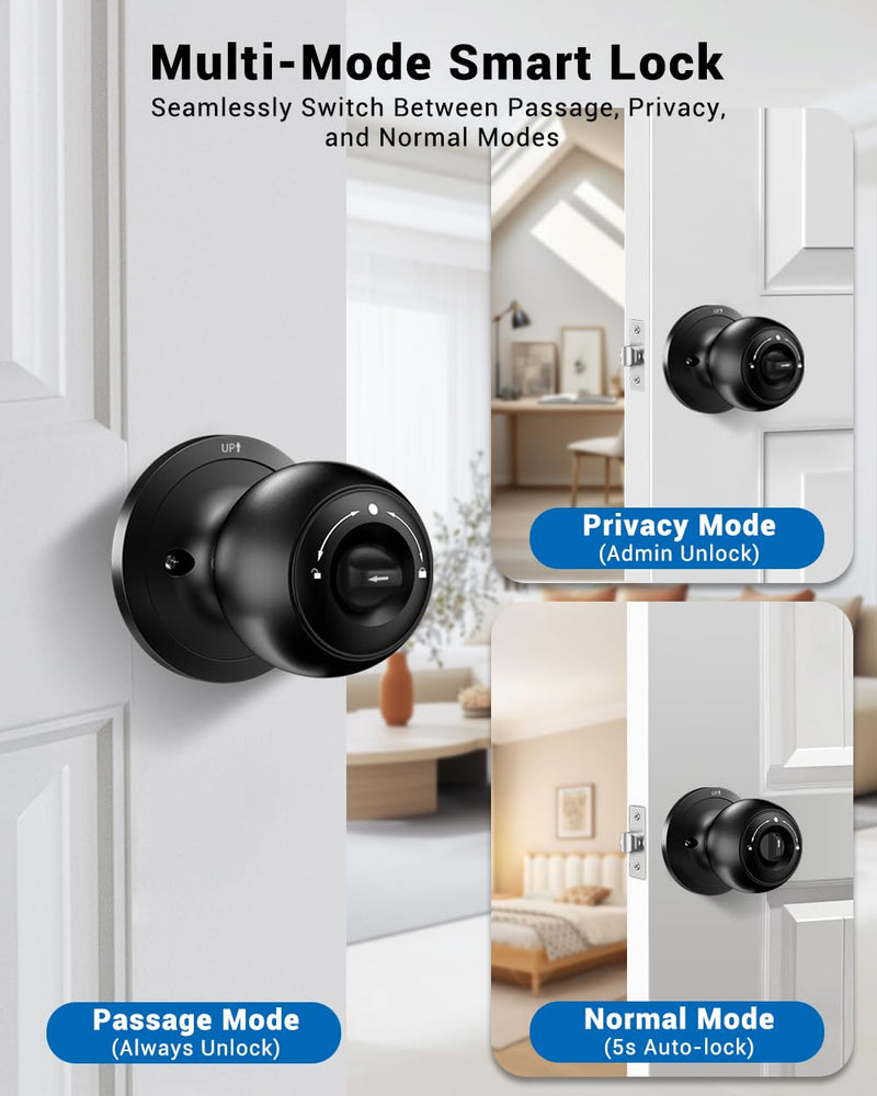 Keypad Smart Door Knob Lock, Keyless Entry Door Lock with Handle - Auto Lock for Front Door - Electrionic Code Door Lock for Bedrooms, Home Office, Garage, Apartment - Easy Installation Matte Black