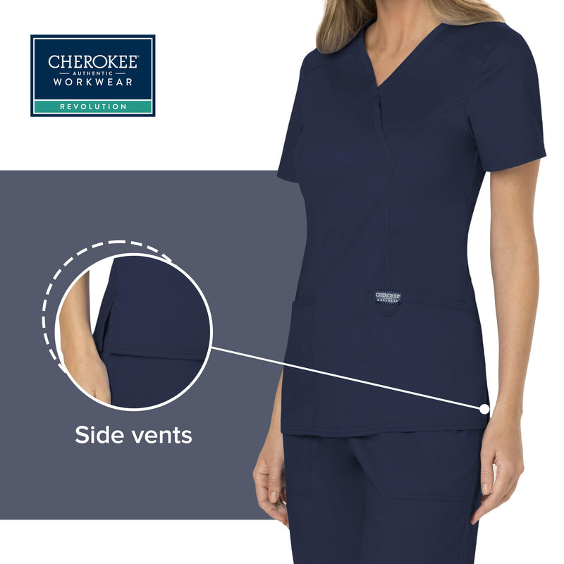 Cherokee Scrubs for Women Mock Wrap Top with 3 Pocket, Back Princess Seams WW610 Medium Navy