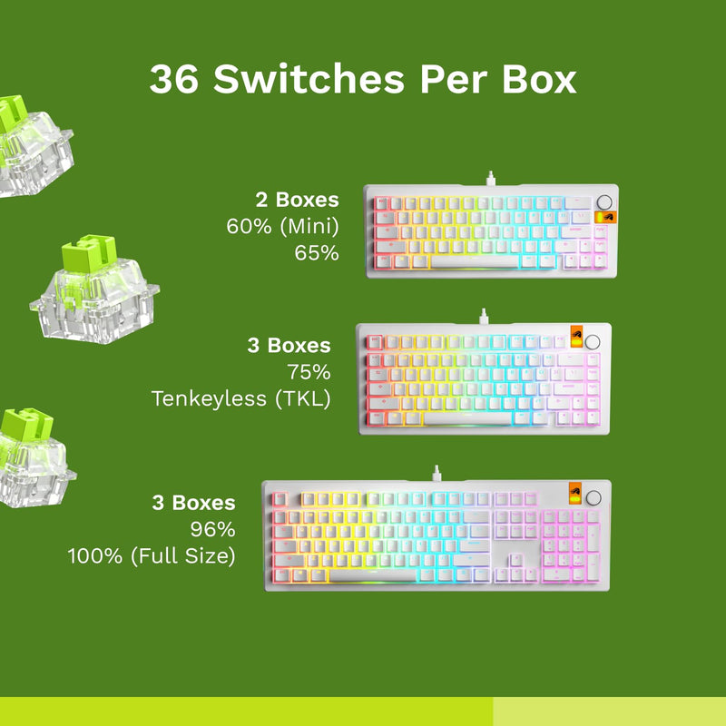 Glorious Raptor Clicky Hall-Effect Magnetic Switches (36-Pack), Transparent Housing, Pre-Lubed Click Bar, HE Hot-Swap Compatible, RGB-Optimized Raptor (Clicky) Standard
