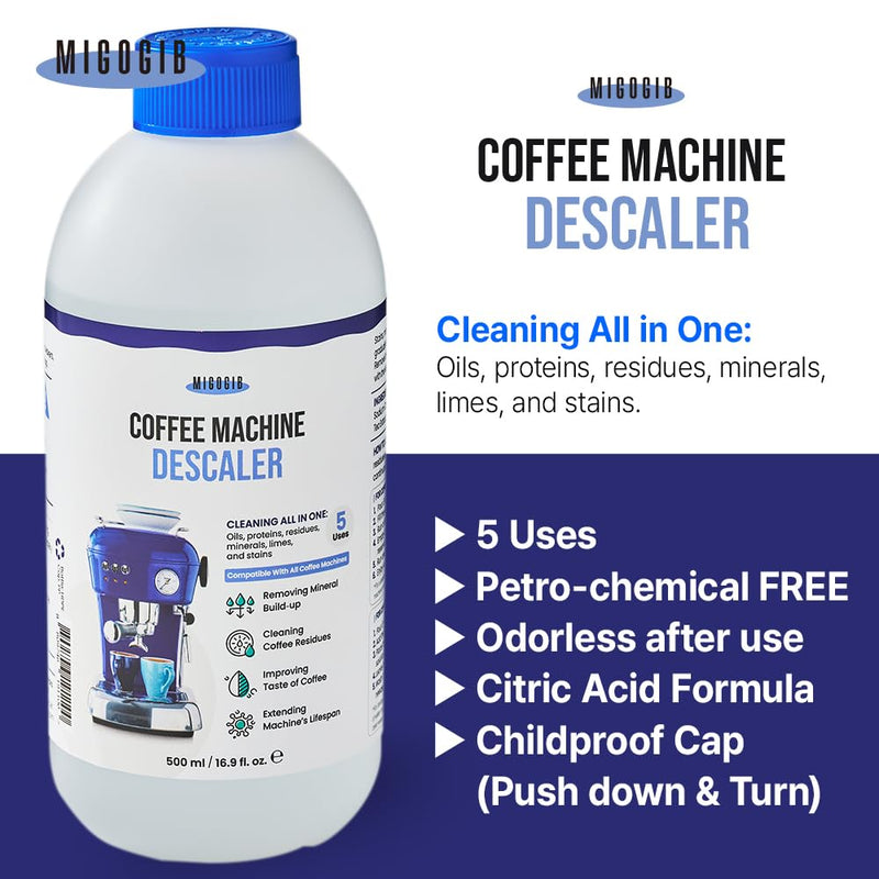 Coffee Machine Descaler Descaling Solution - 17 fl. oz. (5 Uses), Compatible with Espresso, Capsule, Drip, Pour over machines, Coffee machine accessories, Pot, Thermos, and Carafes