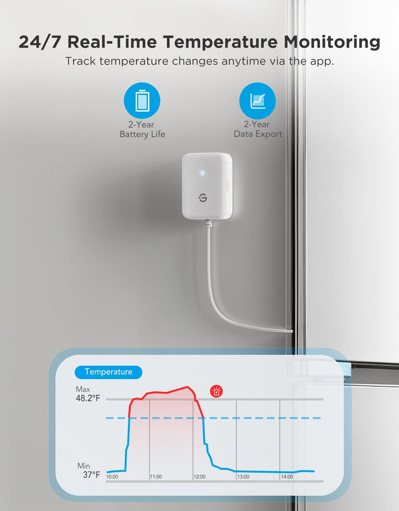 GoveeLife WiFi Refrigerator Thermometer with Alarm, Wireless Digital Freezer Temperature Gauge with App Control, 2 Years Free Data Export, for Home Kitchen Fridge Hot Tub(Only Support 2.4G Wi-Fi) 1 Gateway+1 Sensor