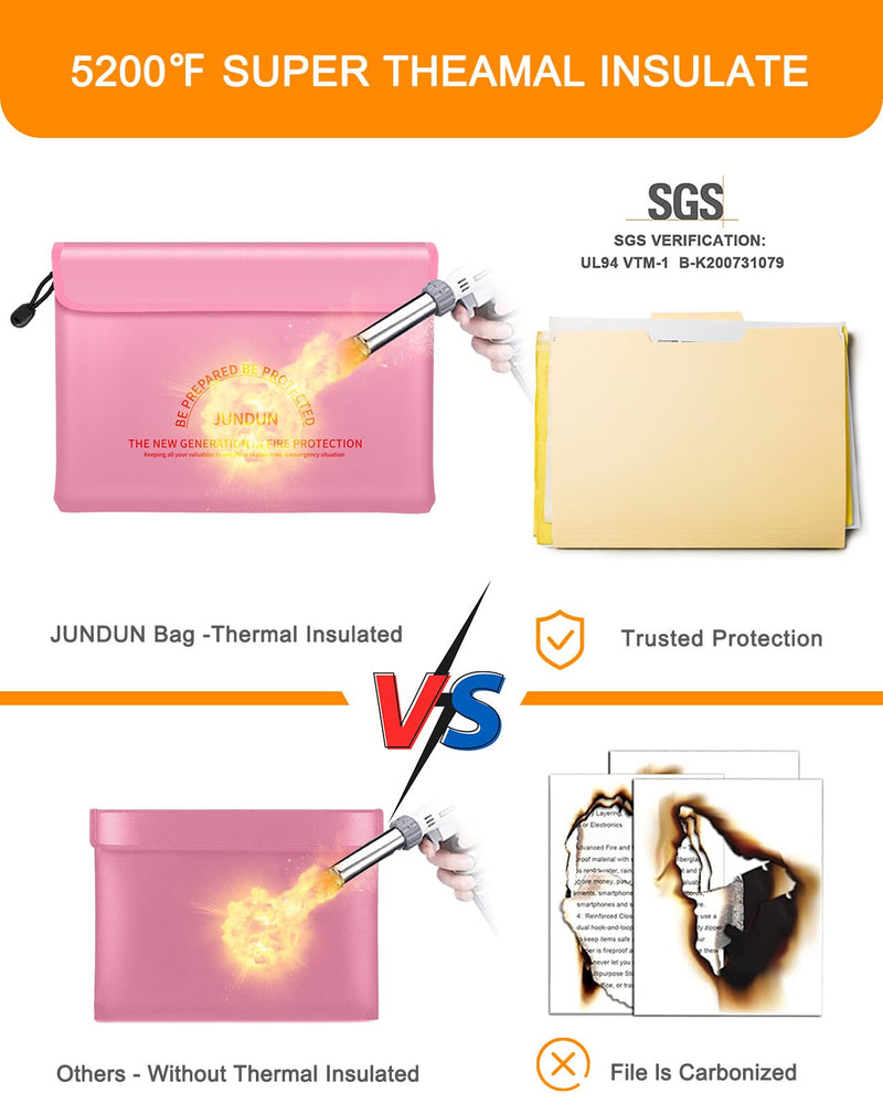 JUNDUN Fireproof Document Bag with 5200℉ Heat Insulated,14.0”x10.4” Waterproof and Fireproof Money Bag,8 Layers Thickened Fire Safe Storage Bag Pouch with Zipper for Document,Money and Cash,Pink Pink Large