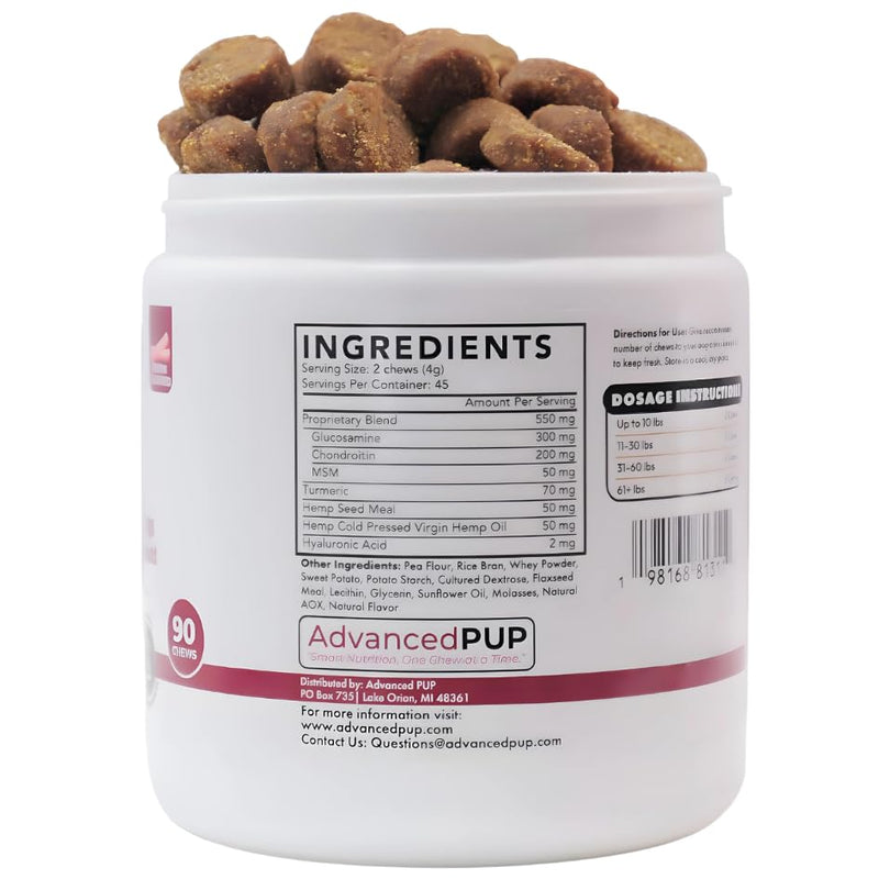 AdvancedPUP Dog Hip and Joint Supplement - Glucosamine for Dogs - Dog Hip & Joint Care with Chondroitin, MSM, & Turmeric for Dog Joint Relief - Regain Dog Mobility with Natural Tasty Bacon - 90 CT - PawsPlanet Australia