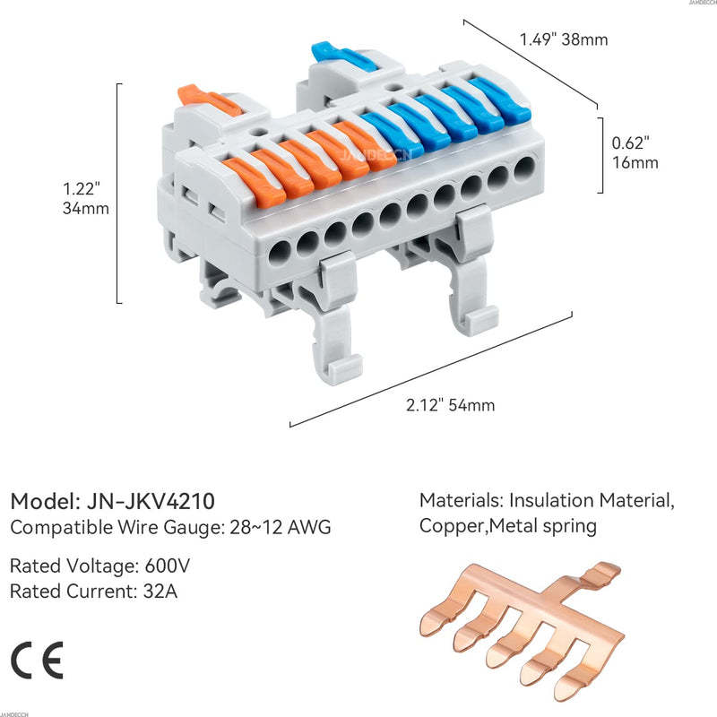 6pcs DIN Rail Terminal Blocks, DIY Splicing Wire Connectors for Circuit Inline 18-12AWG (2 in 10 Out) 2 in 10 out