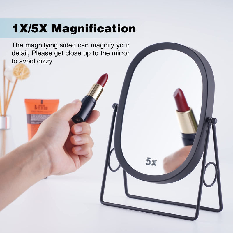 JOYOEIKON Classic Dual Sided 5X and 1X Magnifying Makeup Mirror and Tabletop Standing 360° Rotation Vanity Mirror,Desktop Cosmetic Mirror (Matt Black) Matt Black
