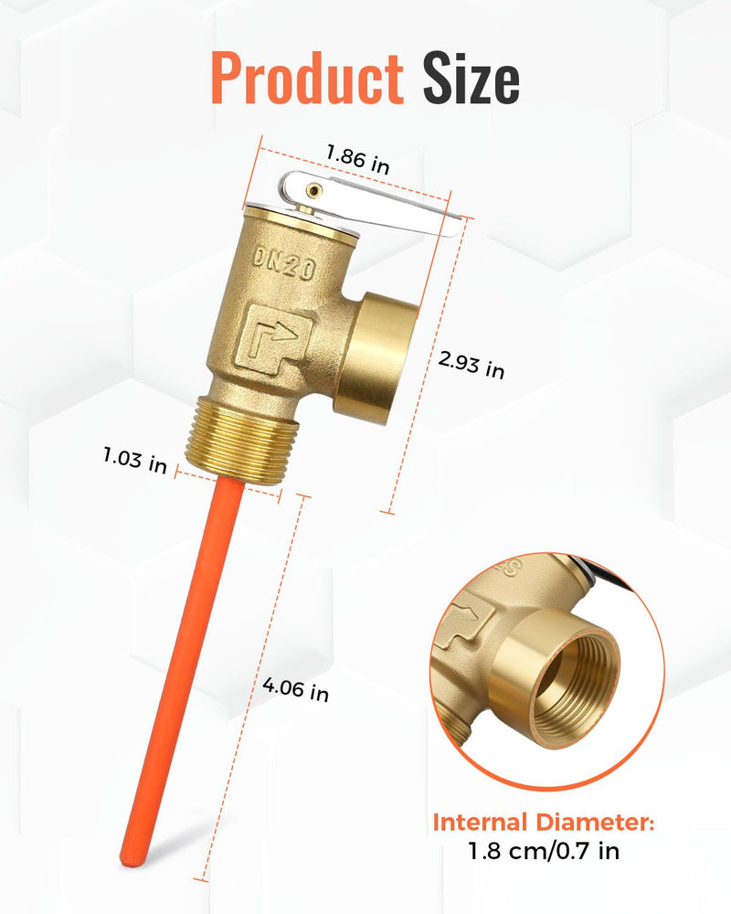 3/4" Temperature and Pressure Relief Valve with Extended Probe, 150 PSI 210°F Safety Valve, Pressure Relief Valve Fit for Suburban RV Water Heater or Home Heater Thickened Brass Body 3/4" NPT Connection