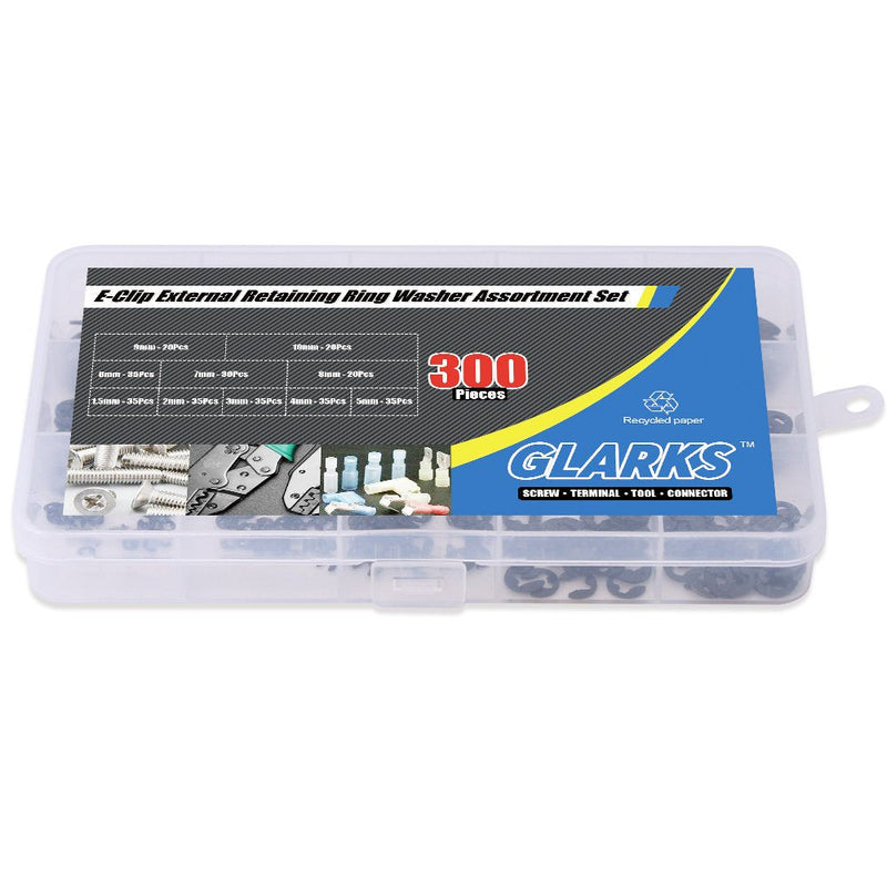 Glarks 300-Pieces 10 Size Black Alloy Steel E-Clip External Retaining Ring Washer Assortment Set