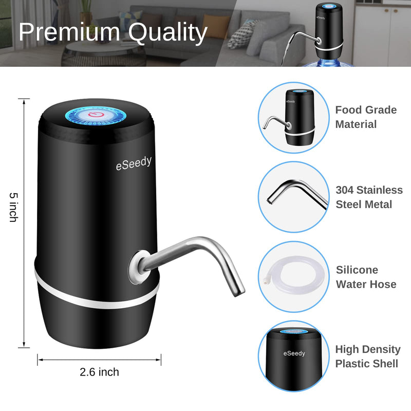 Water Pump for 5 Gallon Bottle, USB Charging Automatic Water Dispenser with Rechargeable Battery, Portable Electric Drinking Water Jug Pump for Home, Kitchen, Living Room, Office, Camping - Black