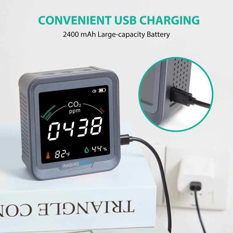 INKBIRDPLUS Ndir Air Quality Monitor Indoor with Battery Powered | 3 in 1 Detect for CO2 & Temperature & Humidity | for Home, Office, RV, Grow Tent (PTH-9C) CO2, Temperature, Humidity