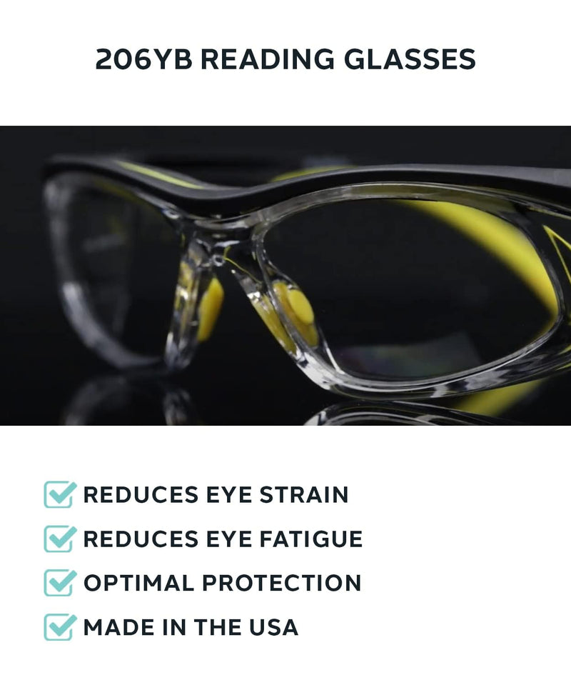 Safety Reading Glasses 206YB with Full Clear Magnifying Lenses, 1.00 to 3.00 Diopter, ANSI Z87 Approved Black/Yellow 2.75 Diopters