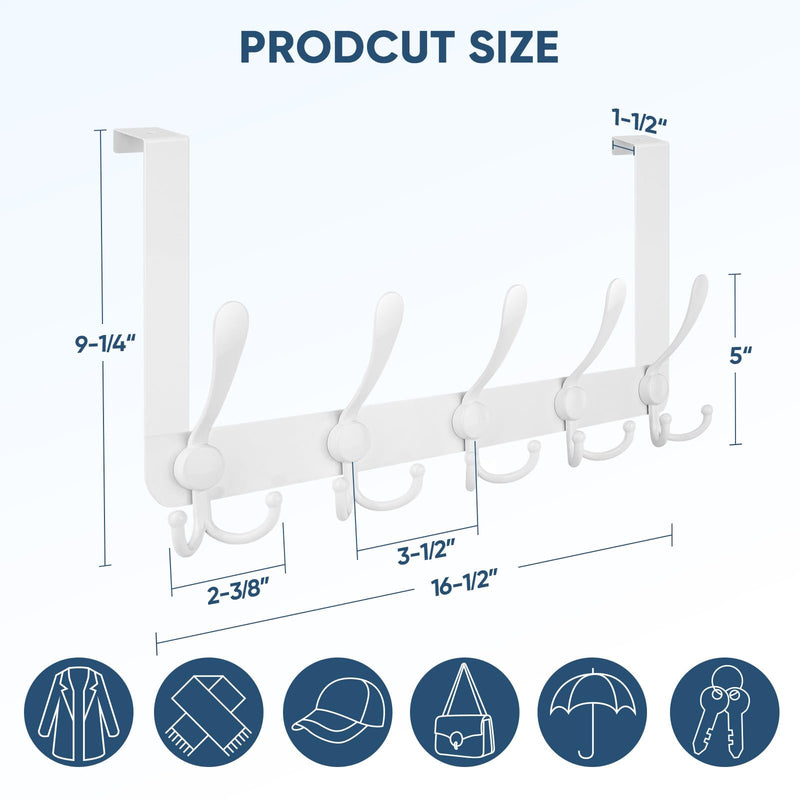 TICONN Over The Door Hooks, 5 Heavy Duty Tri Coat Rack All Metal Coat Hanger for Jacket Hat Towel Bags in Bathroom Bedroom Dorm (White, 1PK) 1 White