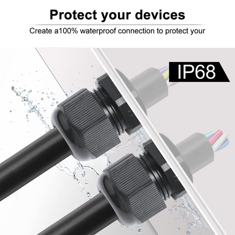AIRIC 3/4" NPT Cable Glands Nylon PA66, IP68 Waterproof Adjustable Power Strain Relief Cord Grips, Junction Box Wire Gland Grip Connectors with Gaskets and Locknut, Black 6 Pcs NPT 3/4" 6pcs