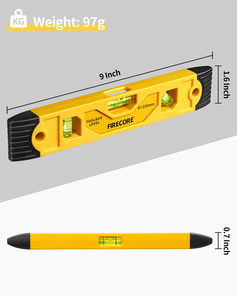 Torpedo Level Magnetic, Firecore 9 Inch Shockproof Small Leveler Tool with 3 Bubble Spirit Level 45 90 180 Degree, Construction Levelers for Hanging Pictures Install Shelf Home Renovation 1pcs 9“ level